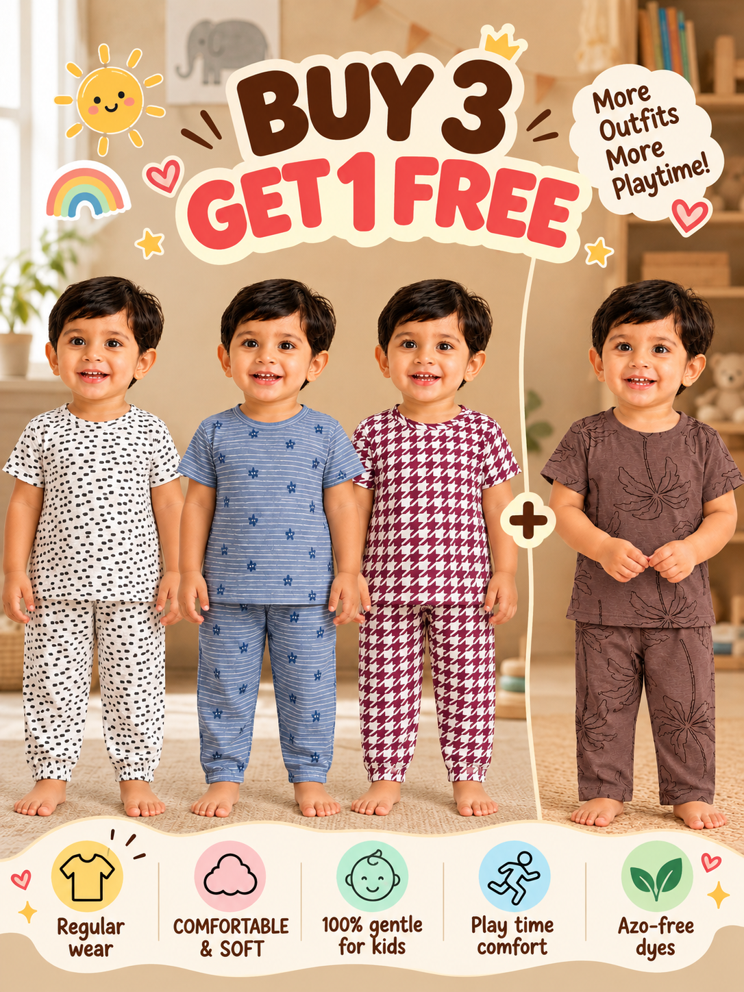 Buy 3 Get 1 Free |Colorful Kids Pant Set Combo |(1 Year to 5 Years)
