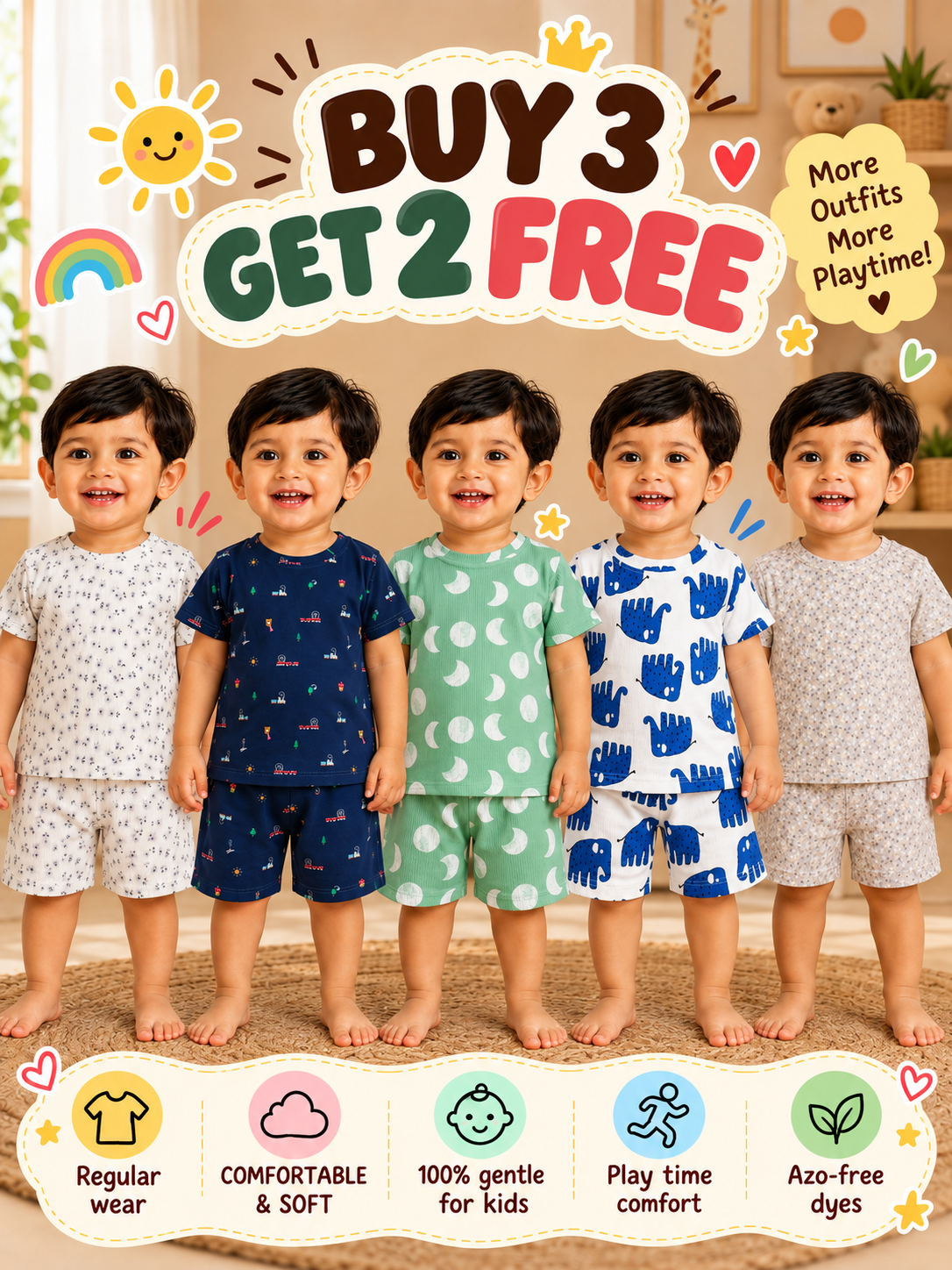 Buy 3 Get 2 Free |Colorful Kids Shorts Set Combo |(1 Year to 5 Years)