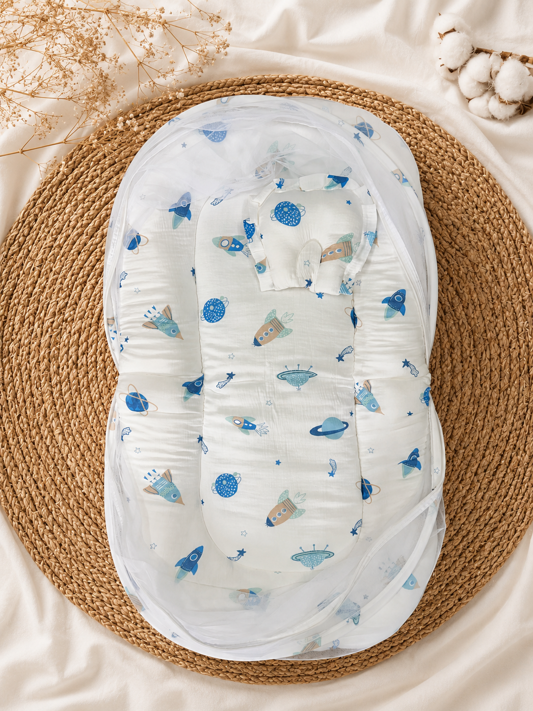 Space Themed Muslin  Premium  Crinckled Foldable Baby Mosquito Net Bed