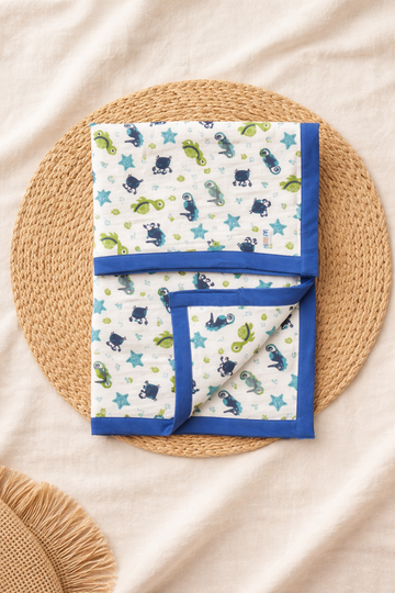 6-Layer Baby Muslin Blanket – Blue Sea Print | 85×85 cm