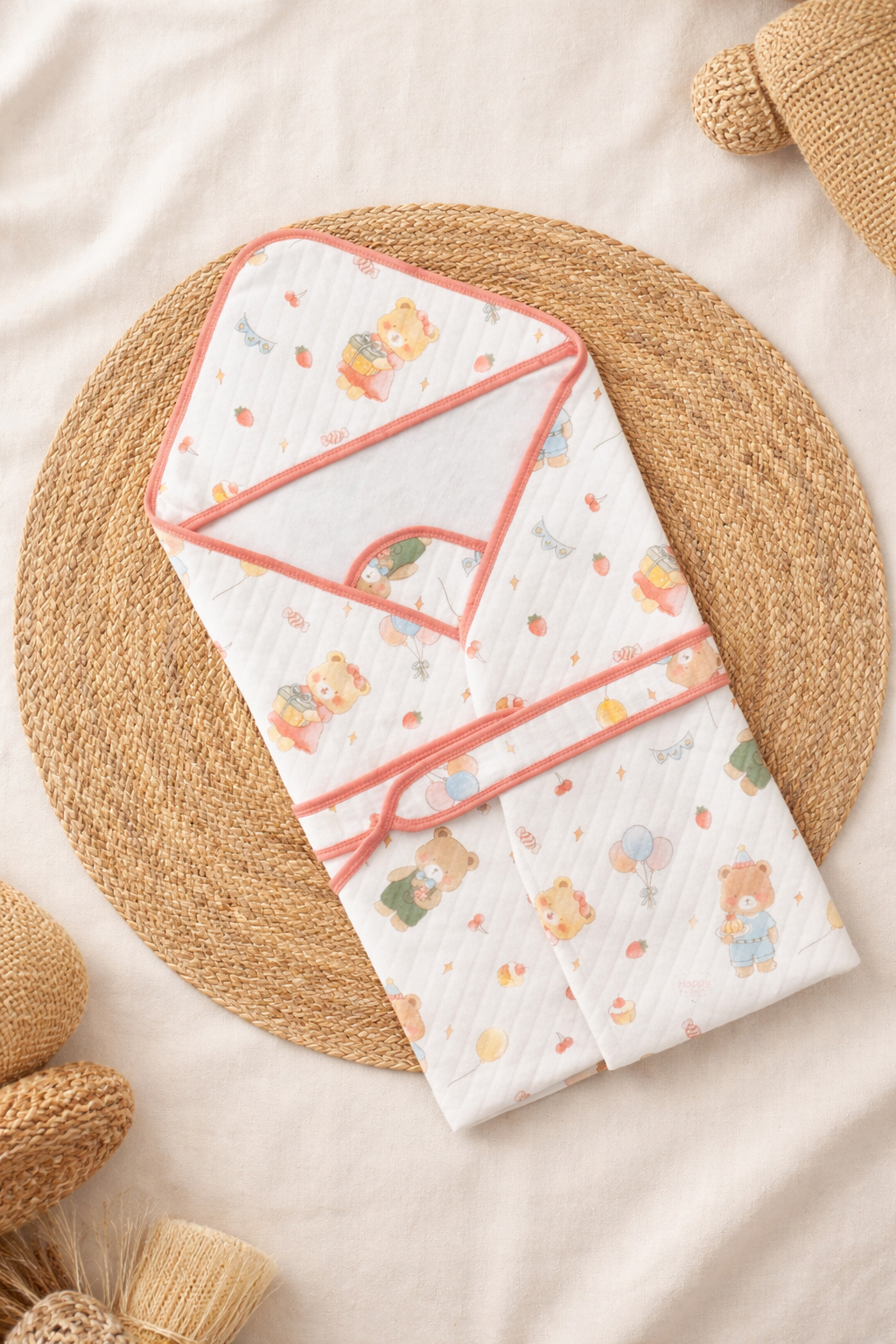 Premium Muslin Hooded Baby Wrap – Teddy Bear Print