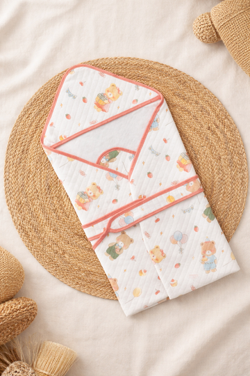Premium Muslin Hooded Baby Wrap – Teddy Bear Print
