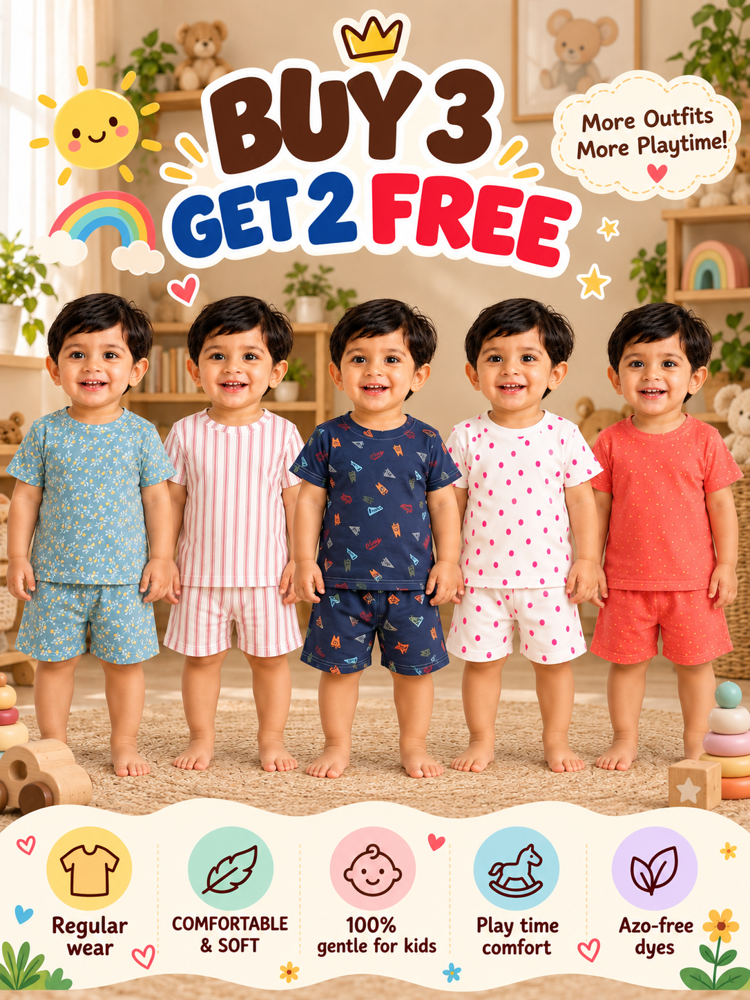 Buy 3 Get 2 Free |Colorful Kids Shorts Set Combo |(1 Year to 5 Years)