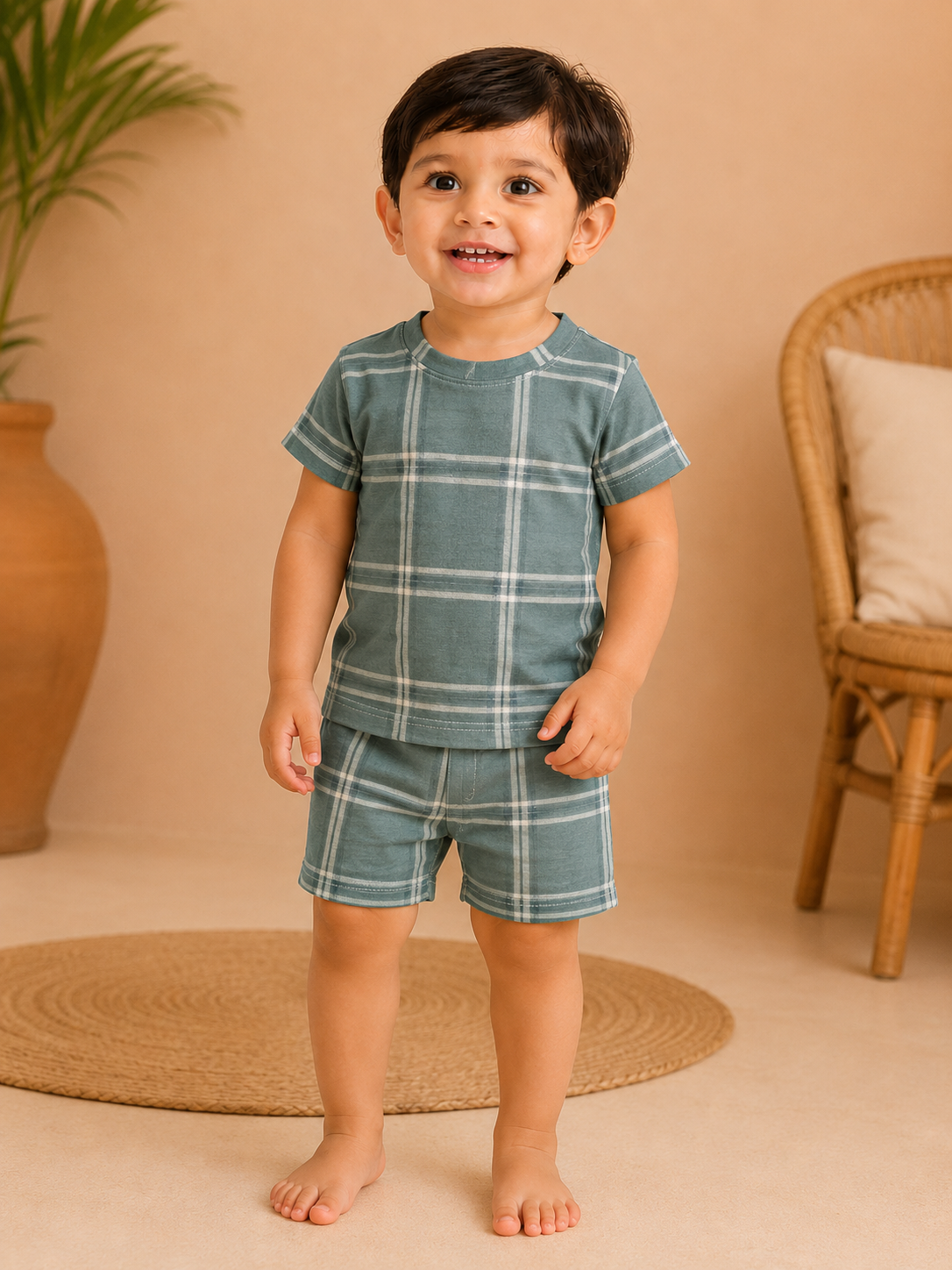 Green Checked Shorts Sets (1 Years  to 6 Years)