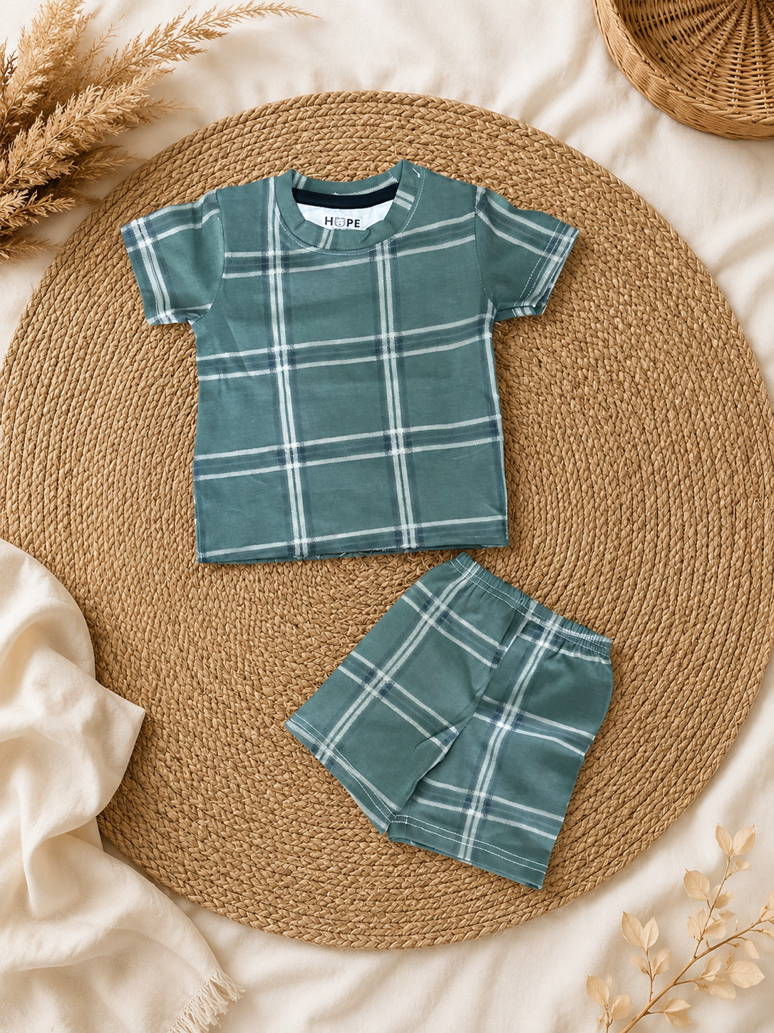 Green Checked Shorts Sets (1 Years  to 6 Years)