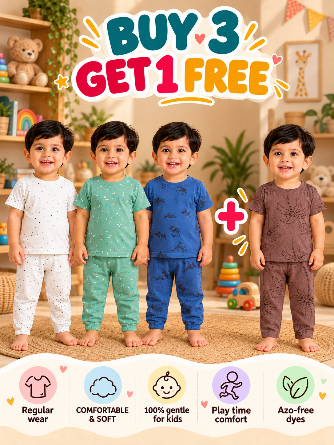 Buy 3 Get 1 Free | Colorful Kids Pant Set Combo |(1 Year to 5 Years)