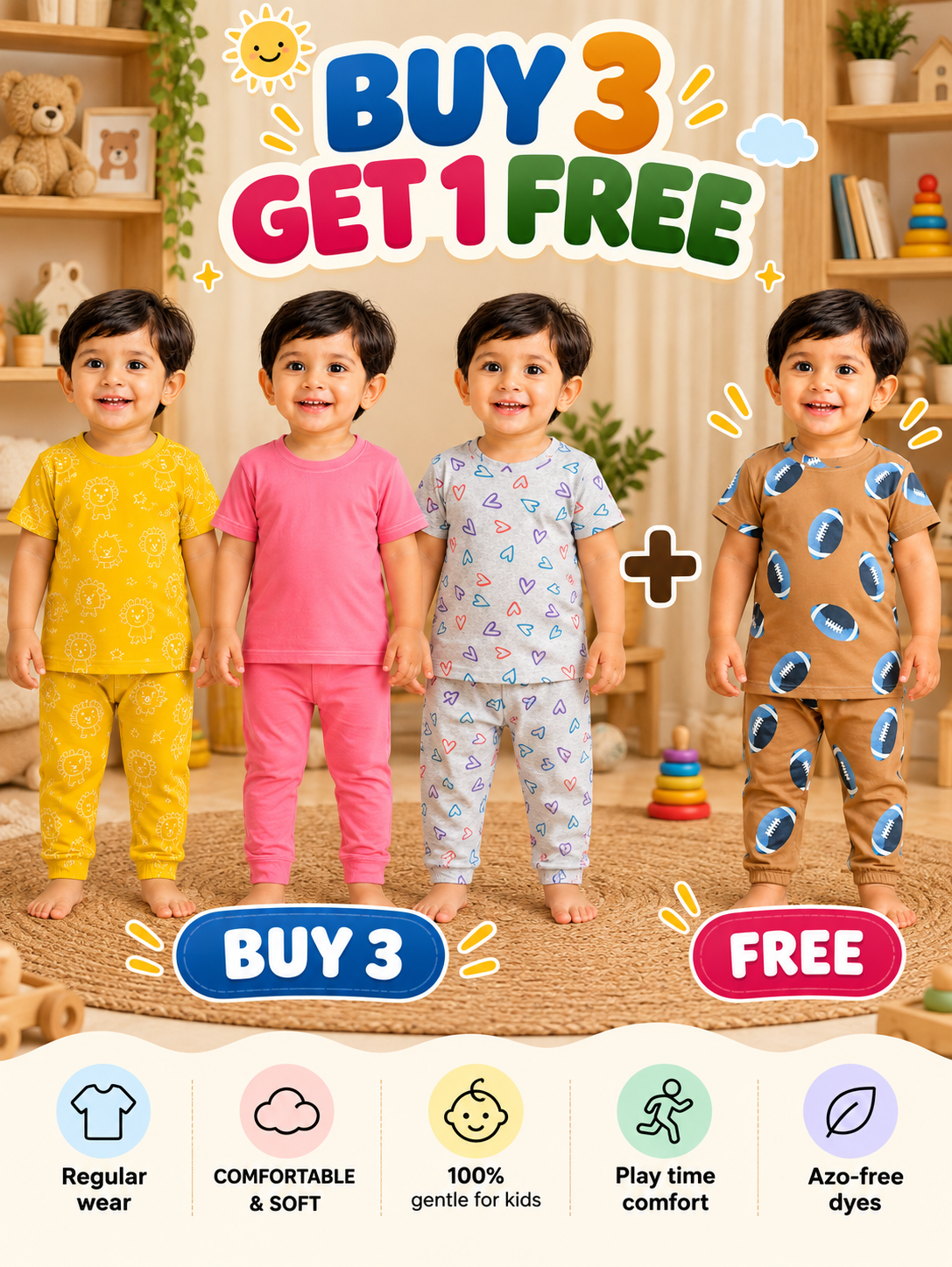 Buy 3 Get 1 Free |Colorful Kids Pant Set Combo |(1 Year to 5 Years)