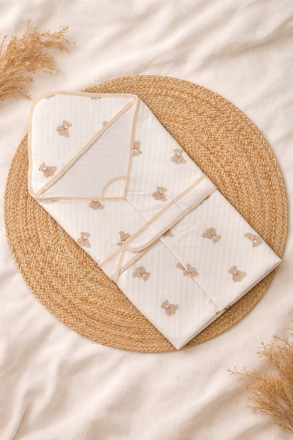 Organic Feel Muslin Hooded Baby Wrapper – Peach Teddy