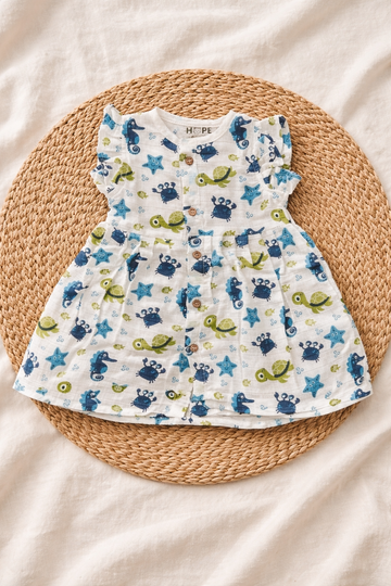 Baby Muslin Frock with Sleeve | Sea Print