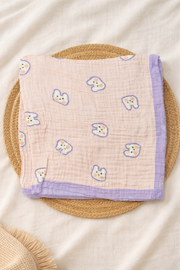 Crinkled Premium Muslin 6-Layer Baby Blanket – 110 × 110 cm (Lavender Bunny Print)
