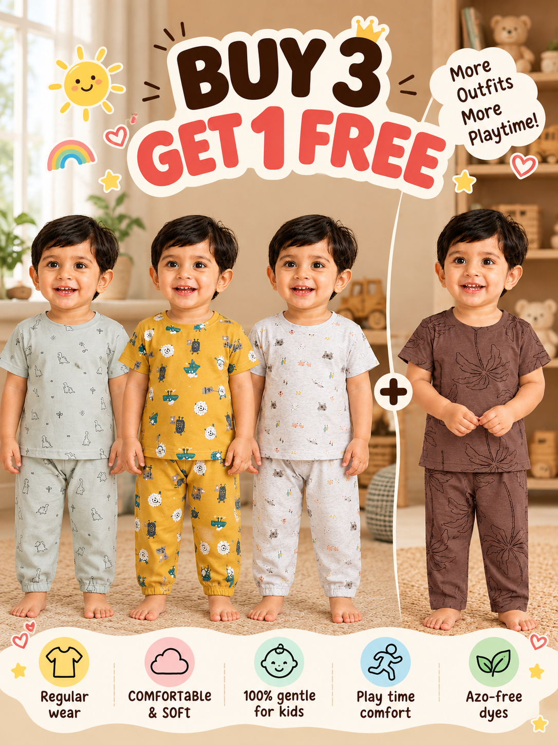 Buy 3 Get 1 Free | Colorful Kids Pant Set Combo |(1 Year to 5 Years)