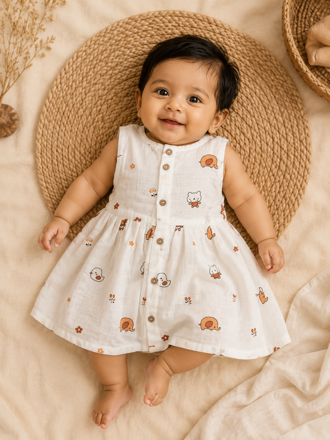 Animal Themed Muslin Sleeveless Frock