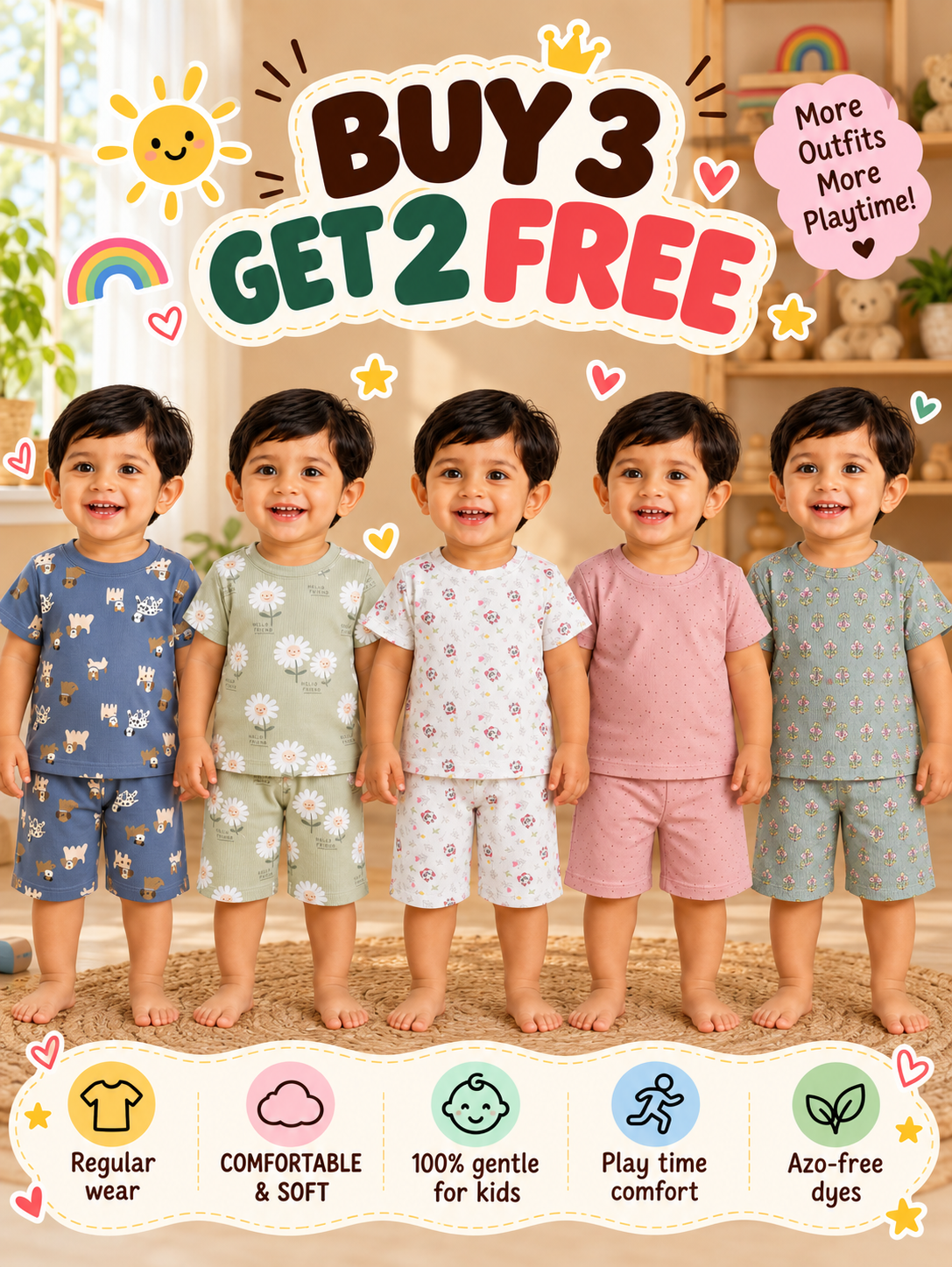 Buy 3 Get 2 Free |Colorful Kids Shorts Set Combo |(1 Year to 5 Years)