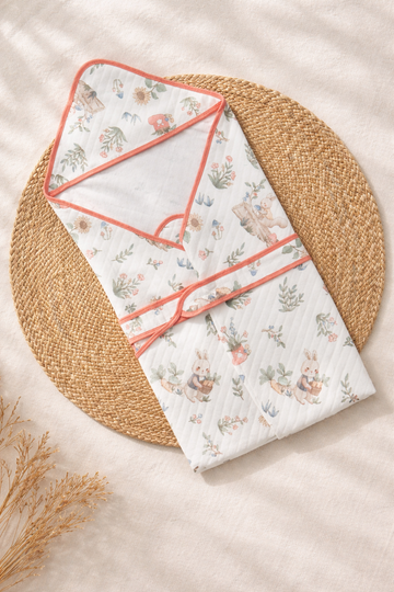 Premium Muslin Hooded Baby Wrap – Floral Bunny Garden Print