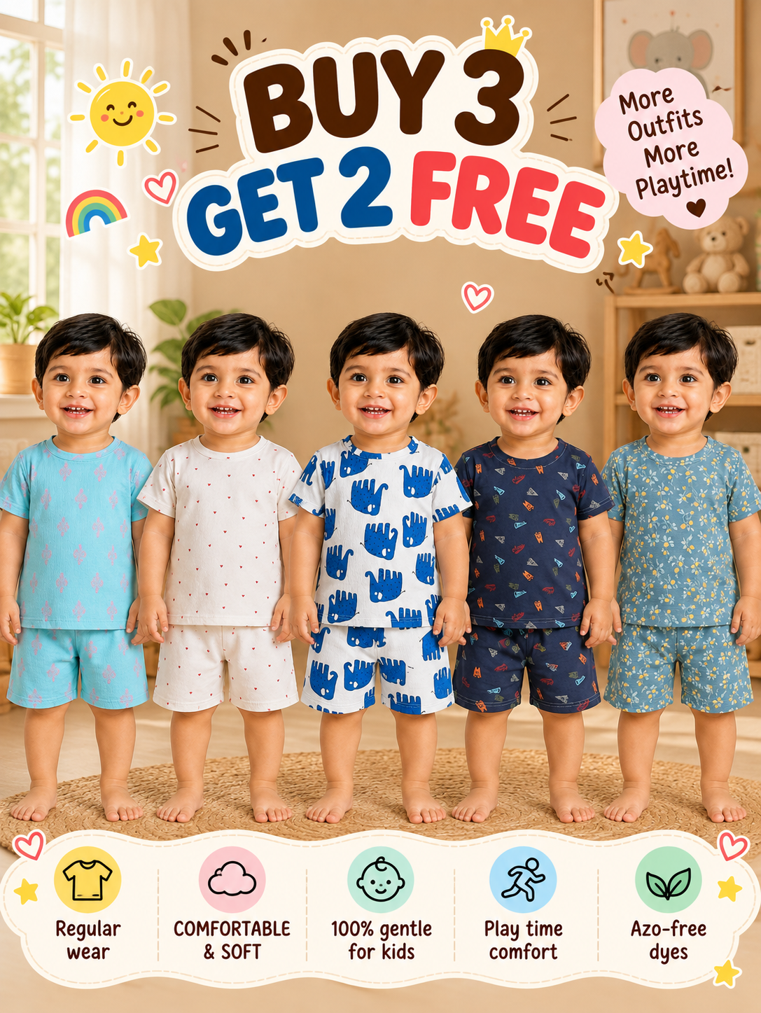 Buy 3 Get 2 Free |Colorful Kids Shorts Set Combo |(1 Year to 5 Years)