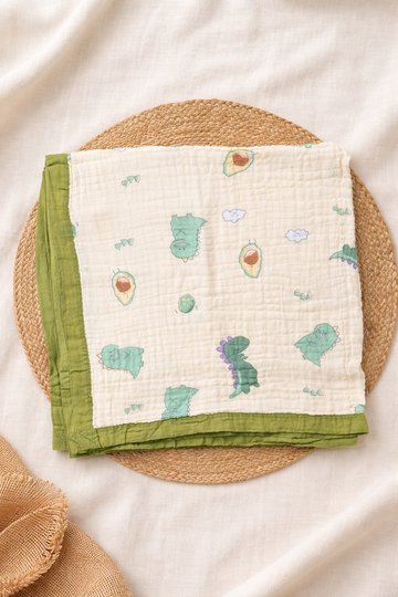Crinkled Muslin Baby Blanket, 6-Layer – Dino Print, 110×110 cm