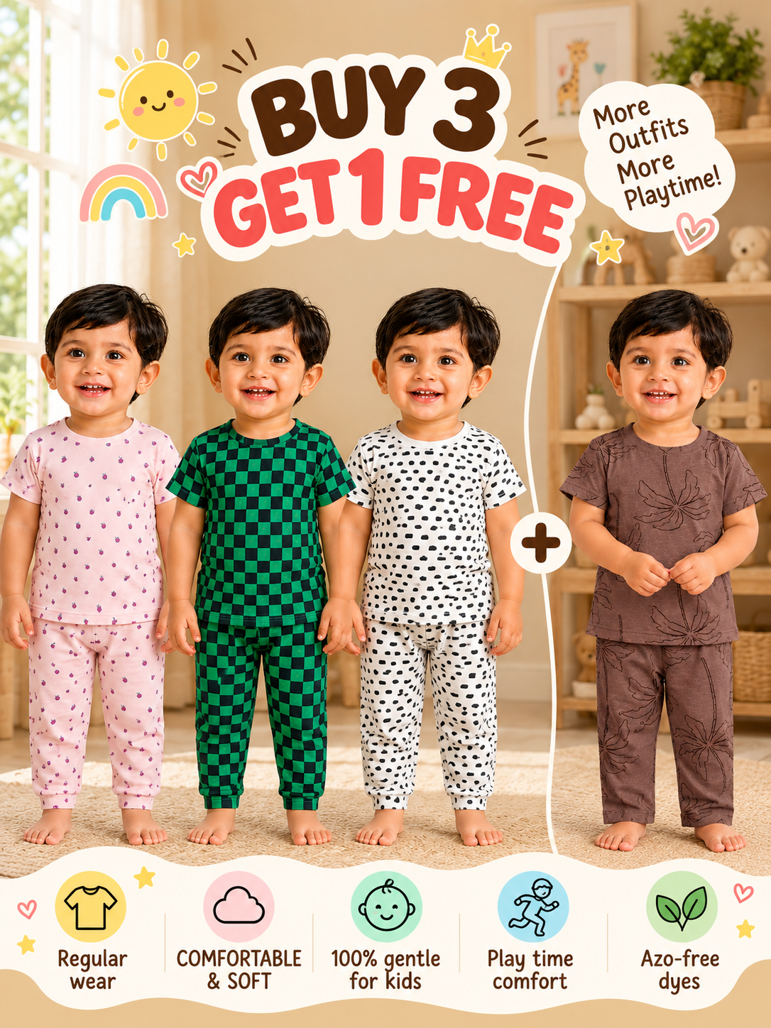 Buy 3 Get 1 Free | Colorful Kids Pant Set Combo |(1 Year to 5 Years)