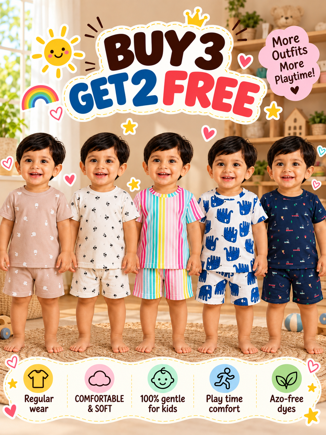 Buy 3 Get 2 Free |Colorful Kids Shorts Set Combo |(1 Year to 5 Years)
