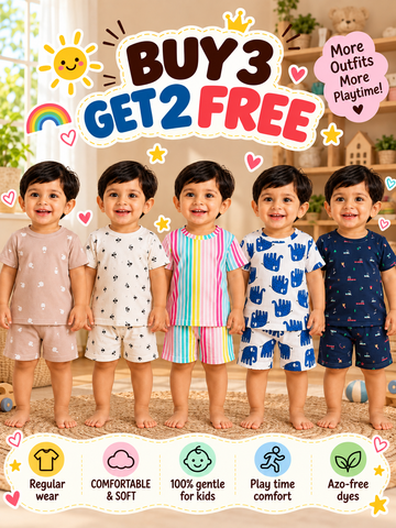 Buy 3 Get 2 Free |Colorful Kids Shorts Set Combo |(1 Year to 5 Years)