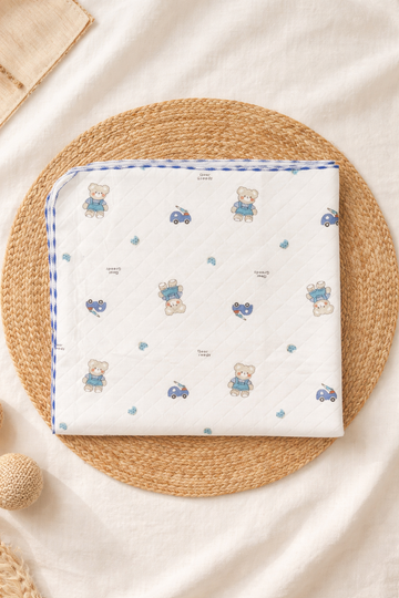 Blue Teddy Car Print – Muslin Quilt Diamond Cut Blanket