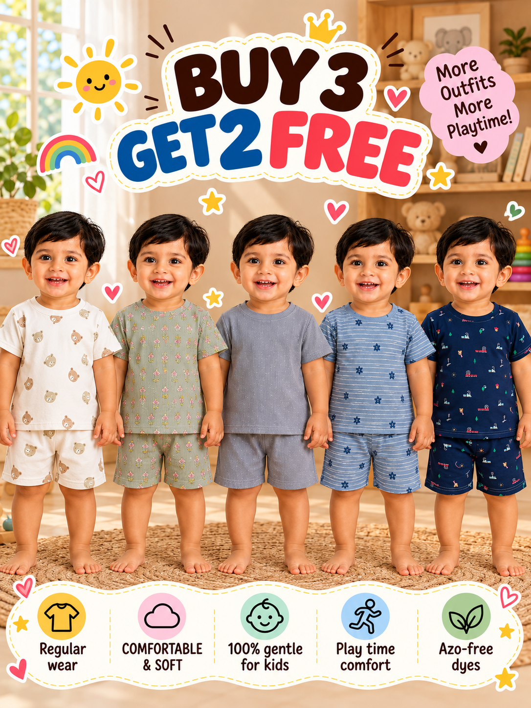 Buy 3 Get 2 Free |Colorful Kids Shorts Set Combo |(1 Year to 5 Years)