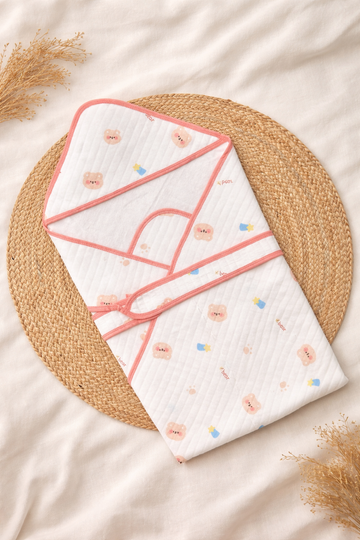 Premium Muslin Hooded Baby Wrap – Teddy Smile Peach
