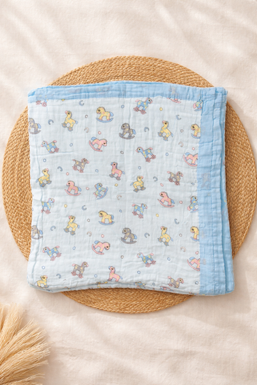 6-Layer Crinkled Muslin Baby Blanket – Toy Horse Pattern (110×110 cm)