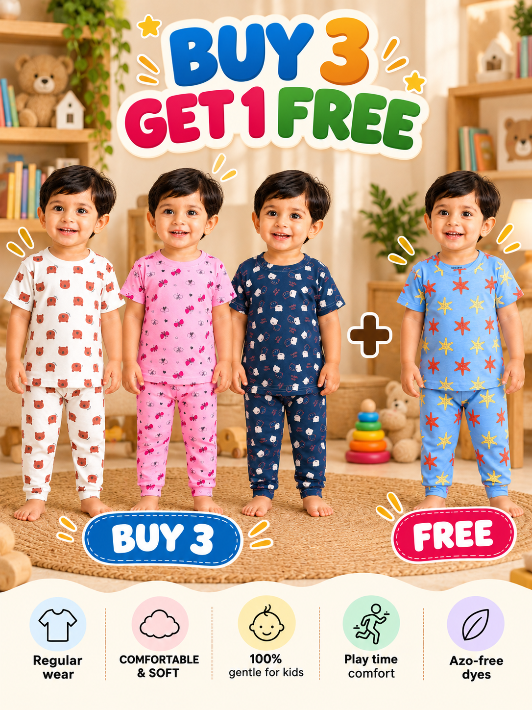 Buy 3 Get 1 Free |Colorful Kids Pant Set Combo |(1 Year to 5 Years)