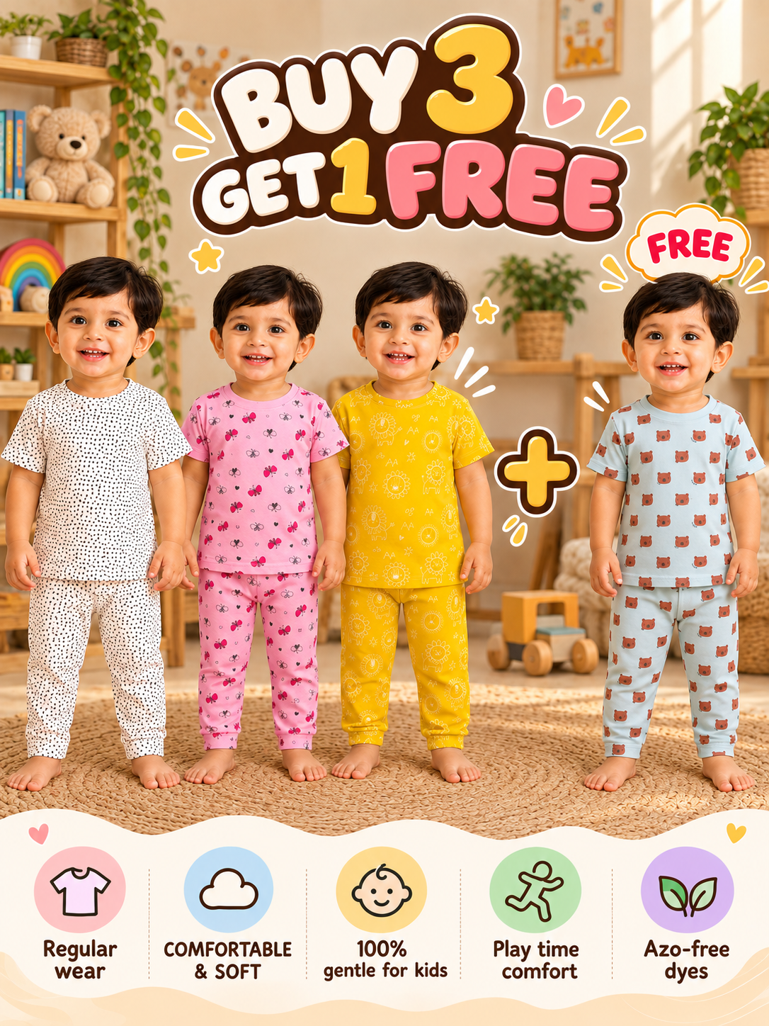 Buy 3 Get 1 Free |Colorful Kids Pant Set Combo |(1 Year to 5 Years)
