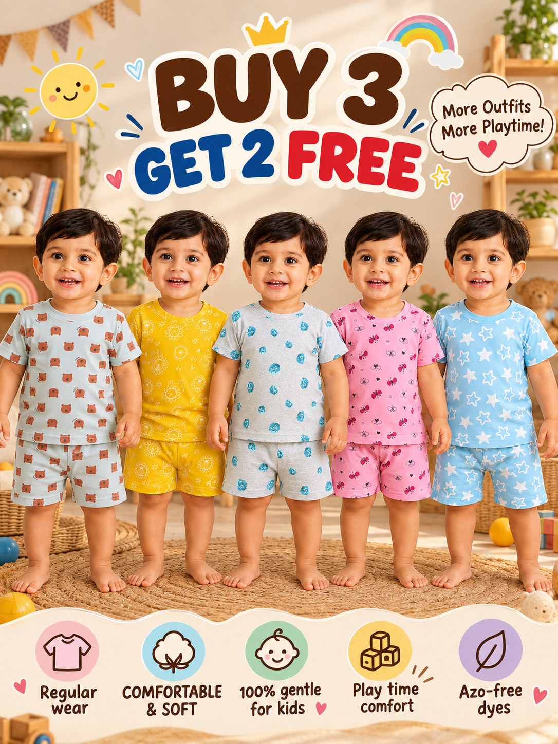 Buy 3 Get 2 Free |Colorful Interlock Kids Shorts Set Combo |(1 Year to 8 Years)