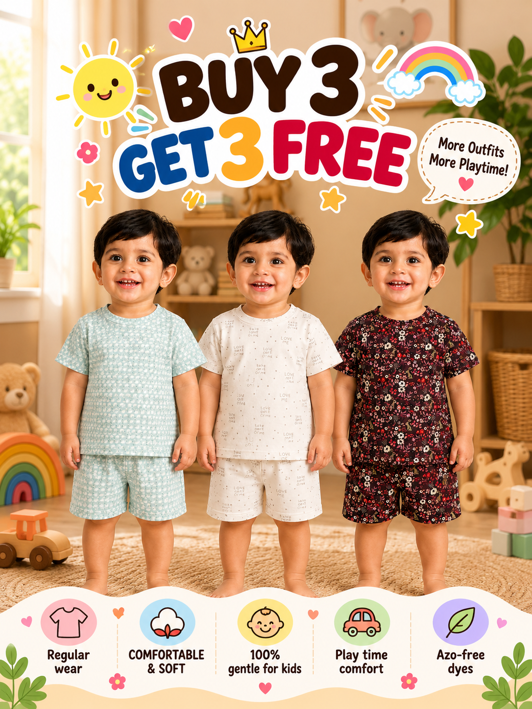 Buy 3 Get 3 Free |Colorful Kids Shorts Set Combo |(1 Year to 5 Years) | Assorted