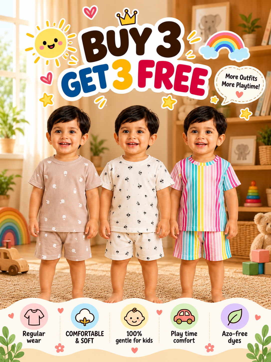 Buy 3 Get 3 Free |Colorful Kids Shorts Set Combo |(1 Year to 5 Years) | Assorted