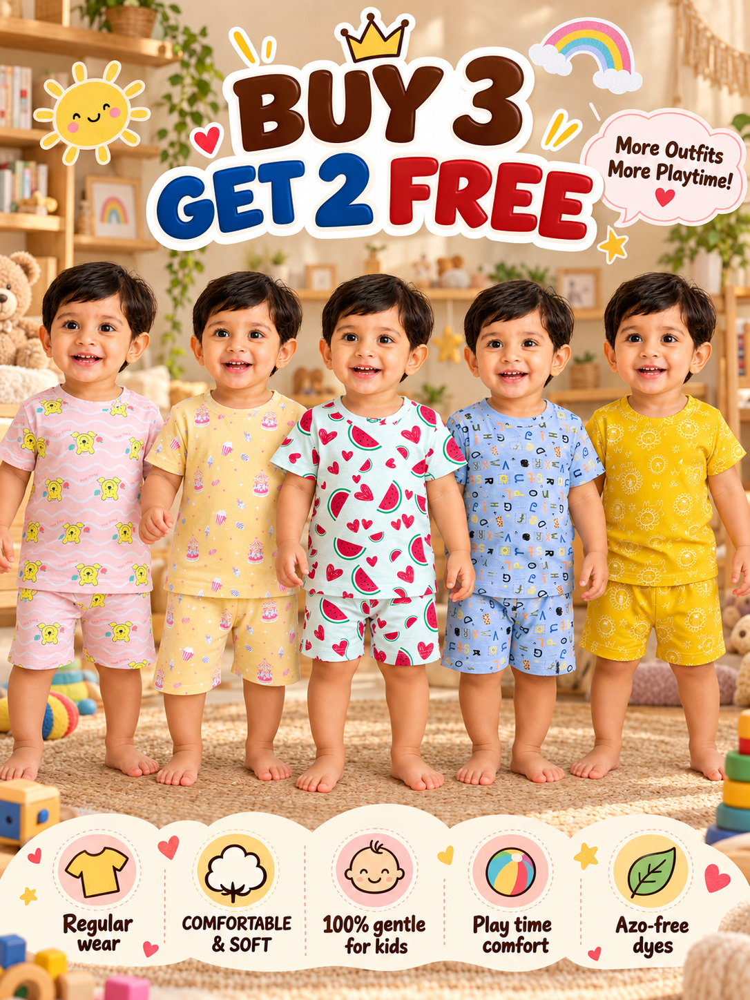 Buy 3 Get 2 Free |Colorful Interlock Kids Shorts Set Combo |(1 Year to 8 Years)