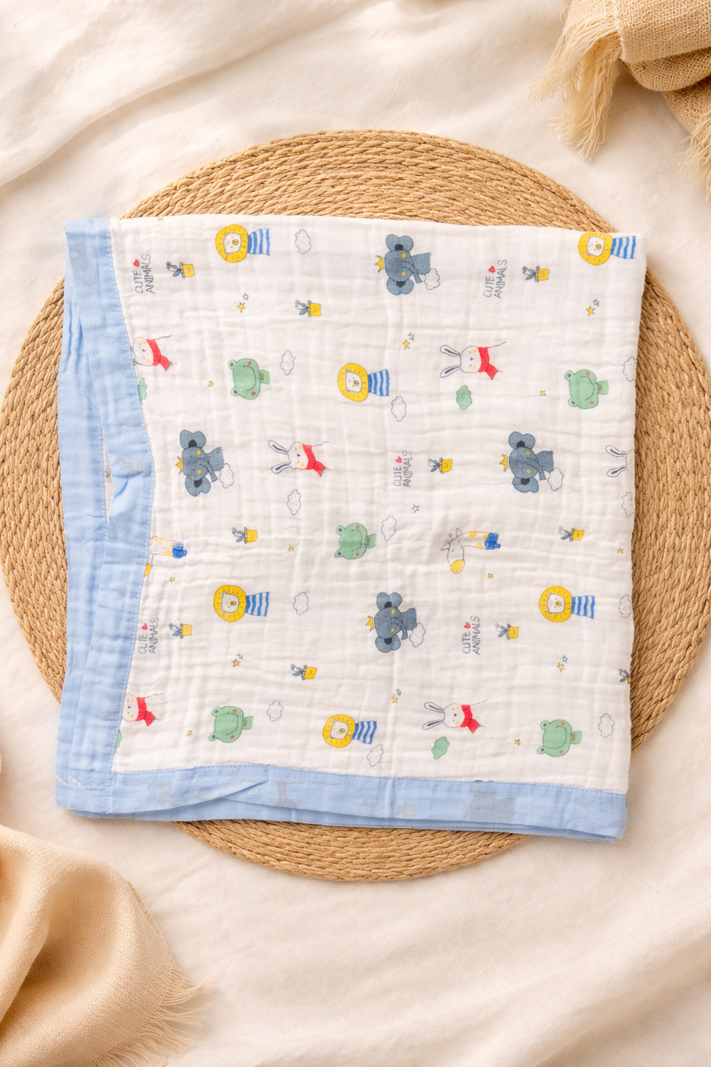 Cute Animals Crinkled Muslin Baby Blanket, 6-Layer, 110×110 cm