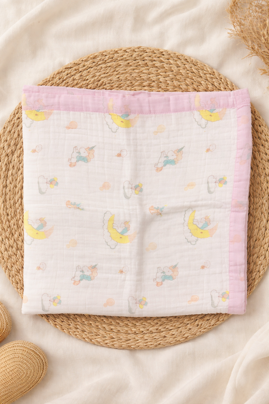 Unicorn Crinkled Muslin Baby Blanket, 6-Layer, 110×110 cm