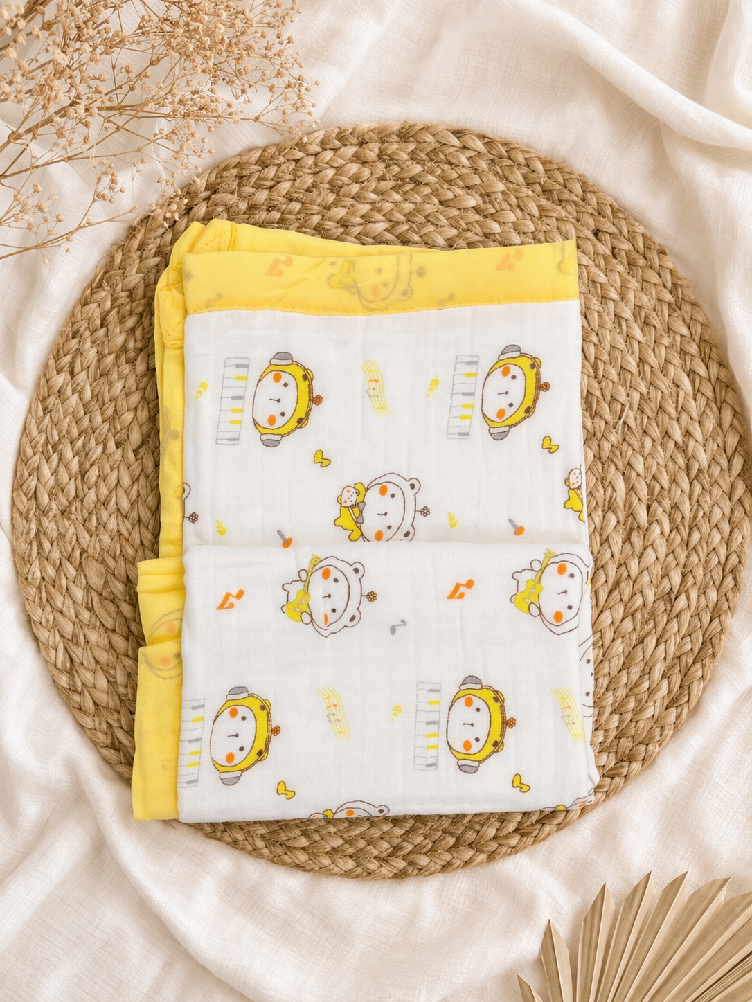 Yellow Teddy Crinkled Muslin Baby Blanket, 6-Layer, 110×110 cm