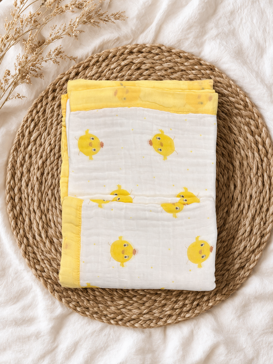 Cute Chick Crinkled Muslin Baby Blanket, 6-Layer, 110×110 cm