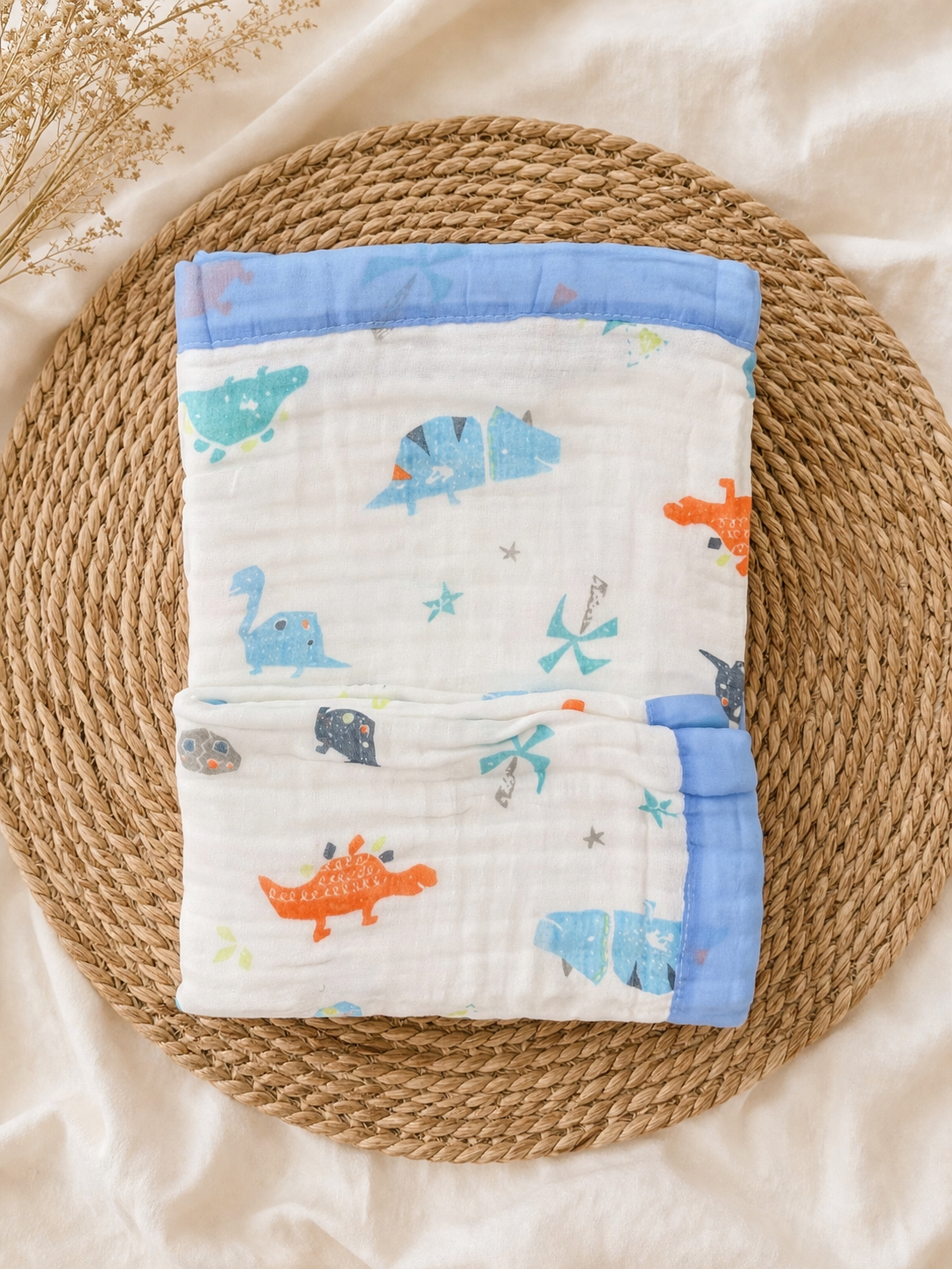 Colorful Cartoon Crinkled Muslin Baby Blanket, 6-Layer, 110×110 cm