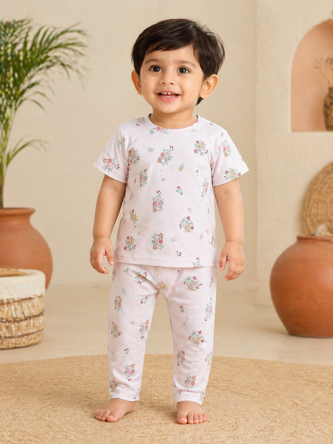 Pinkish Floral Interlock Cotton Co-Ord Sets (1 Year to 5 Years)