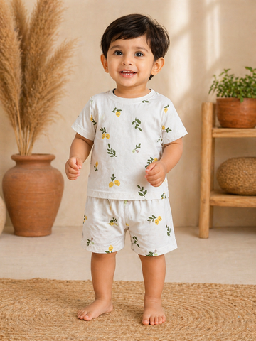 Beige lime with Leaves Interlock Shorts Sets (1 Years  to 5 Years)