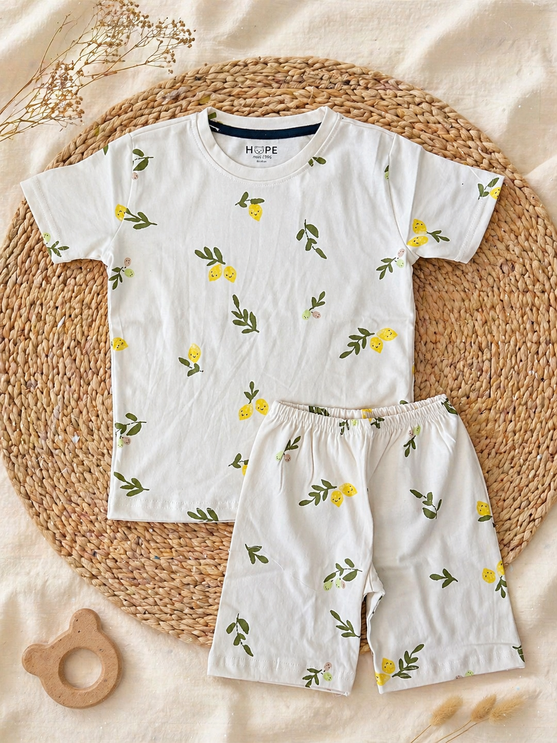 Beige lime with Leaves Interlock Shorts Sets (1 Years  to 5 Years)