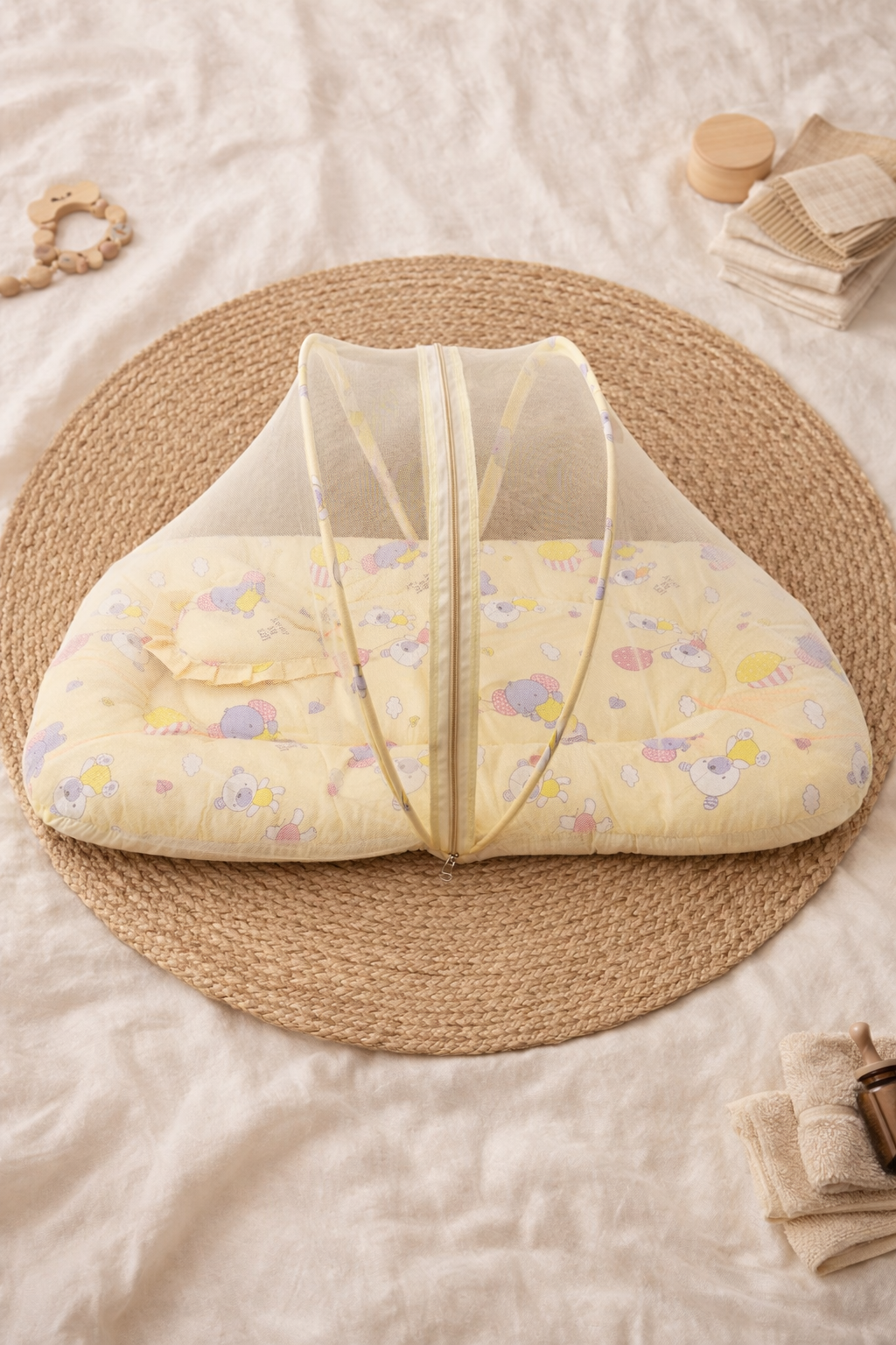 Yellow Baby Comfort Bed with Mosquito Net (Cotton)🌙🦟