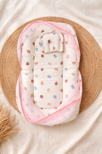 Pink Berry Mosquito Net Bed (Cotton)🌙🦟