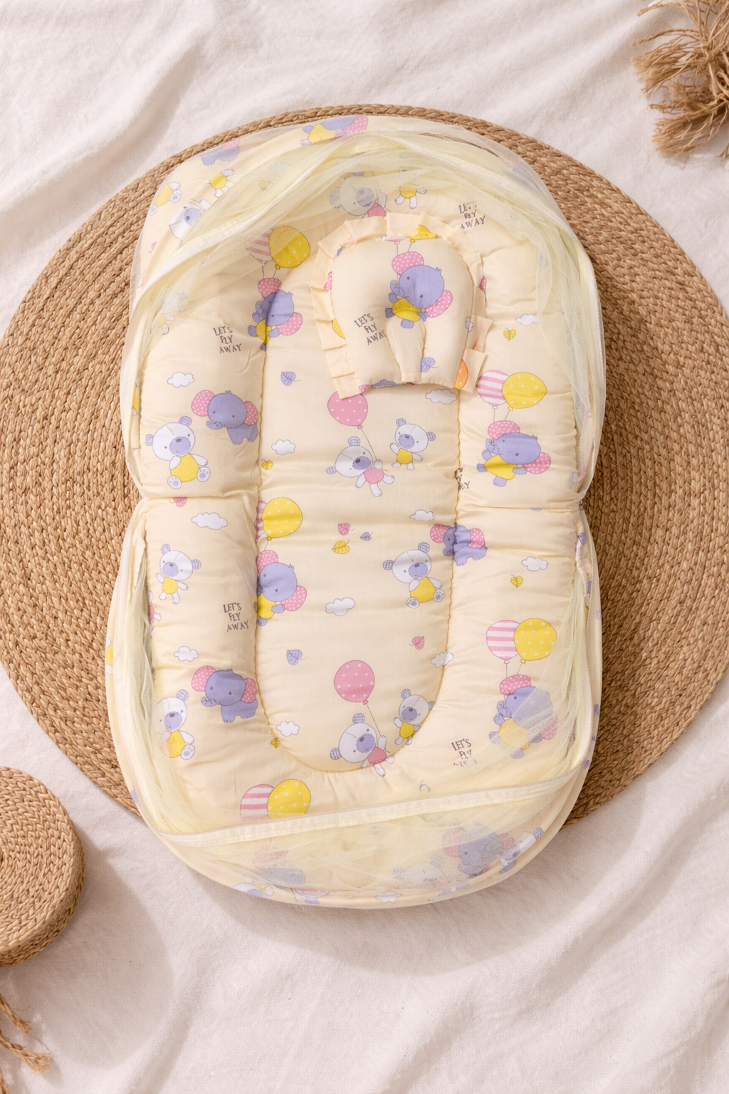 Yellow Baby Comfort Bed with Mosquito Net (Cotton)🌙🦟