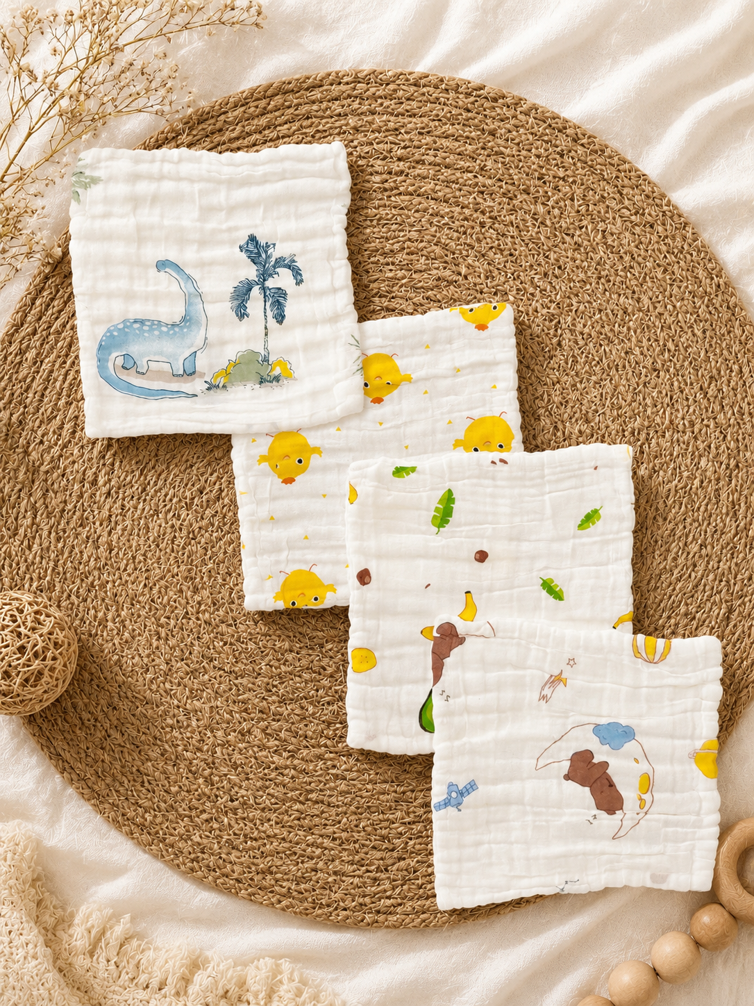 Muslin 6-Layer Crinkled Premium Wash Cloths for Babies / White Base / Random