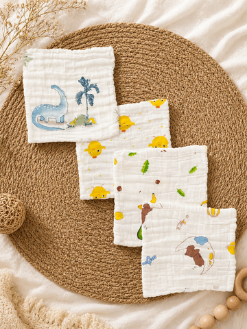 Muslin 6-Layer Crinkled Premium Wash Cloths for Babies / White Base / Random