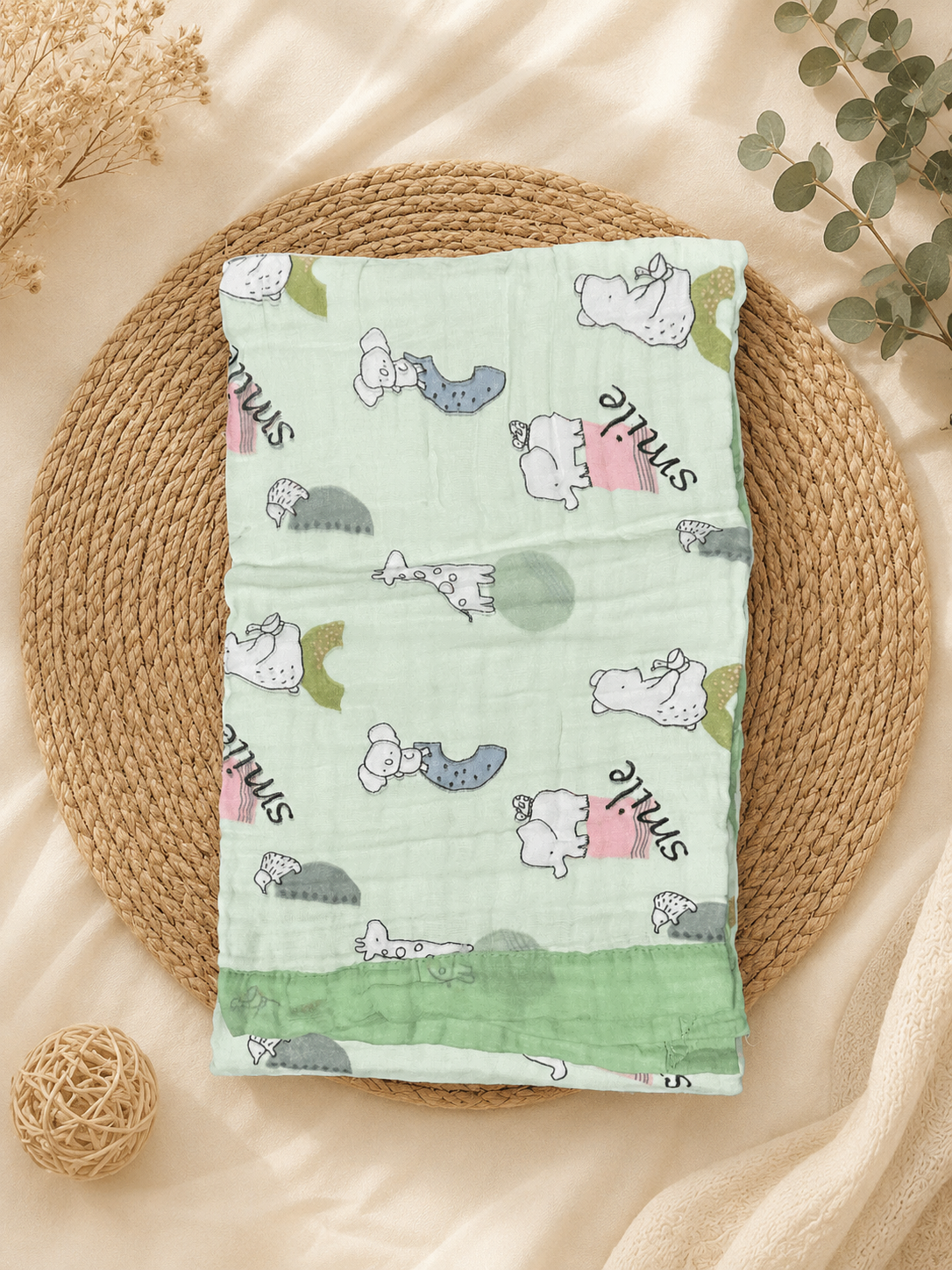 Green Smile 6-Layer Crinkled Muslin Blanket