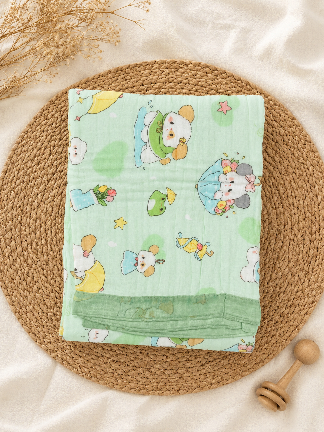 Green Kitty 6-Layer Crinkled Muslin Blanket