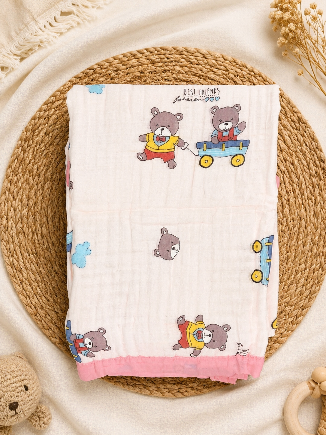 Pinkish Teddy 6-Layer Crinkled Muslin Blanket