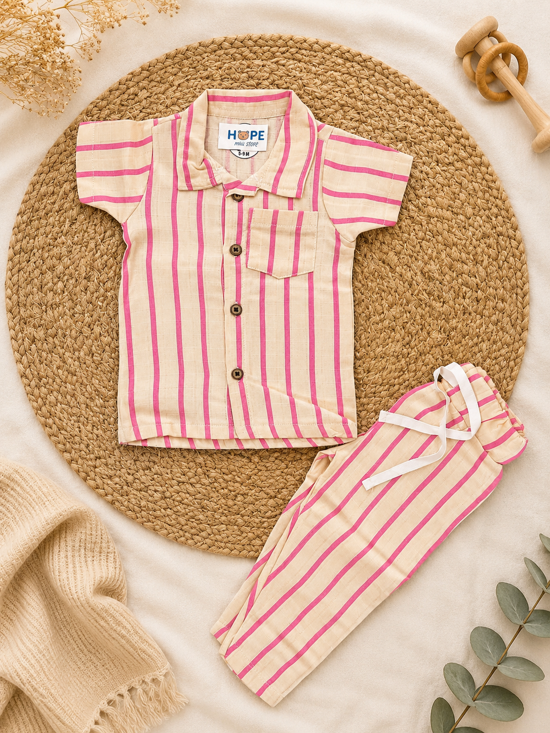 Pink Stripes Muslin Pant Set (New Born to 24 Months)